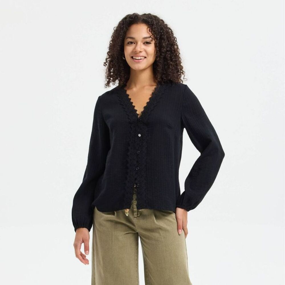 Women's Puff Long Sleeve Lace Trim V-Neck Top - Universal Thread Black XS